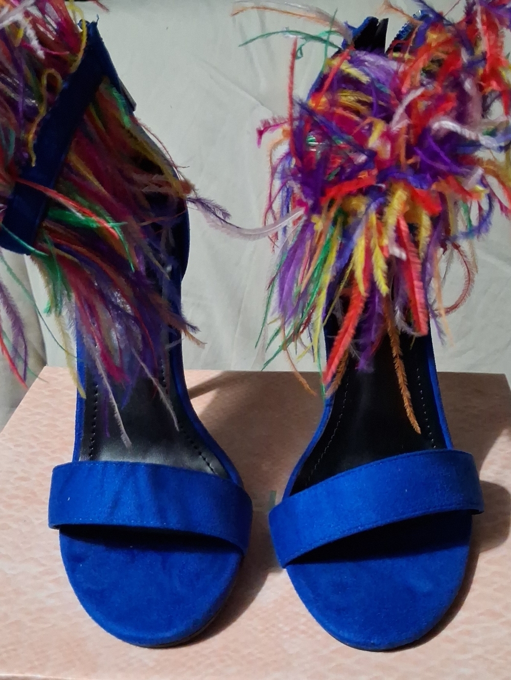 Cape Robbin Royal Blue Suede Heels with Rainbow Feather Ankles